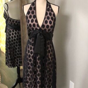 Vintage Y2K Bebe Black Polka Dot Lace Halter Deep V Bowtie Cocktail Dress Size S